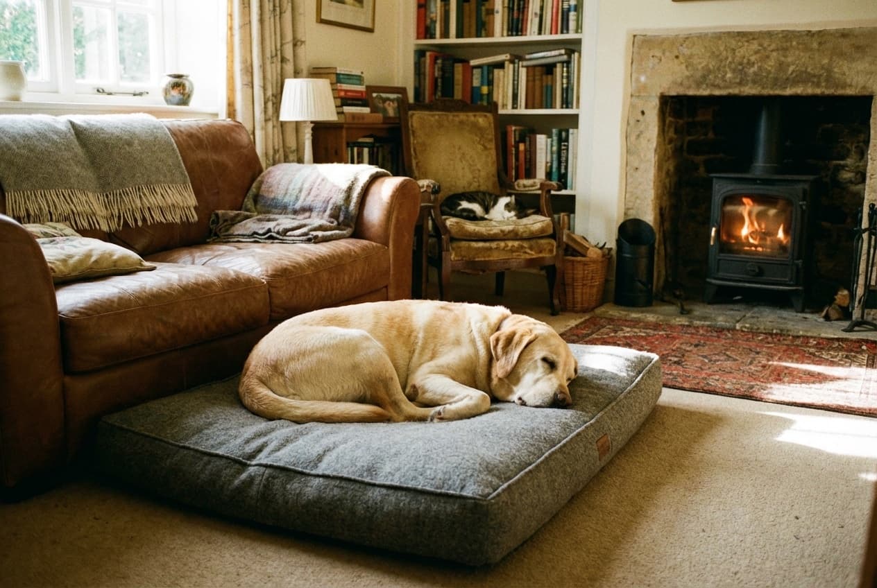 Labrador sleeping on an orthopaedic dog bed in a cosy living room