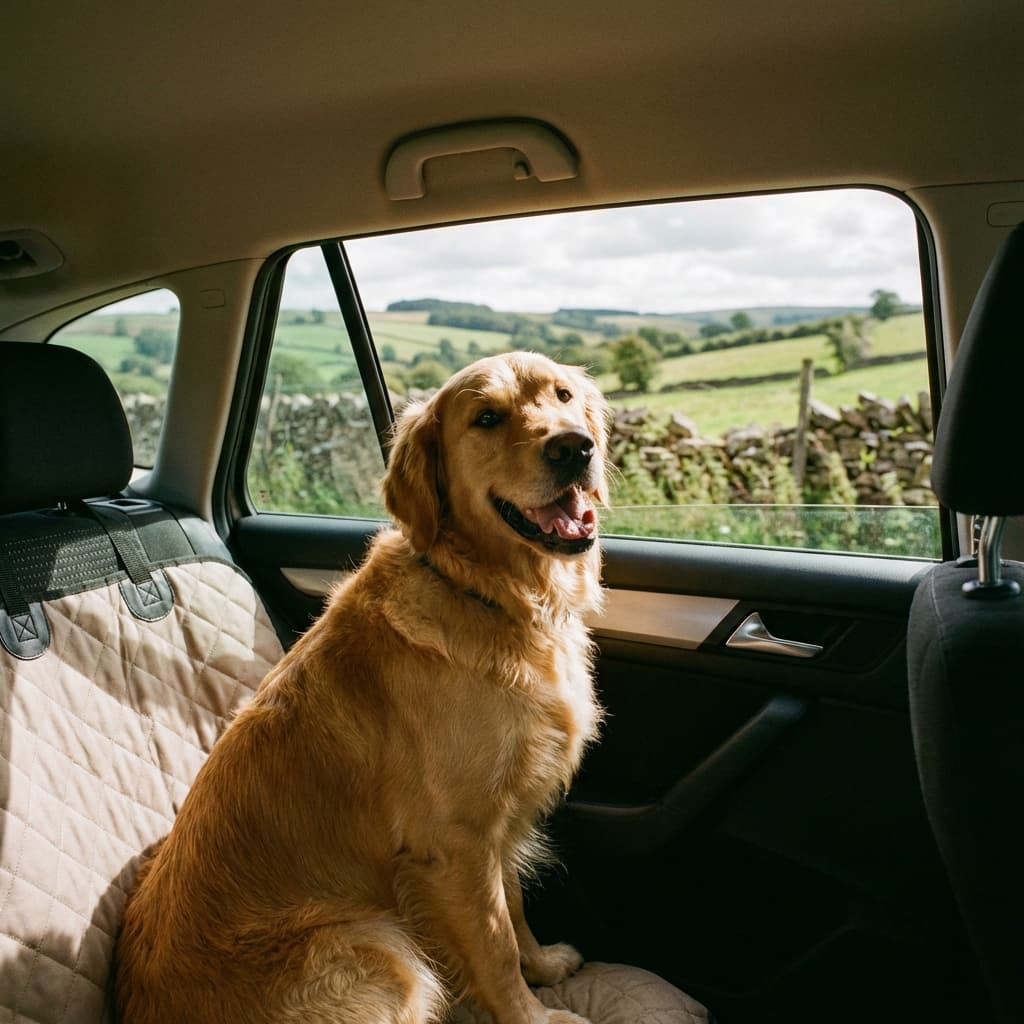 Golden retriever on a waterproof dog seat cover in a car