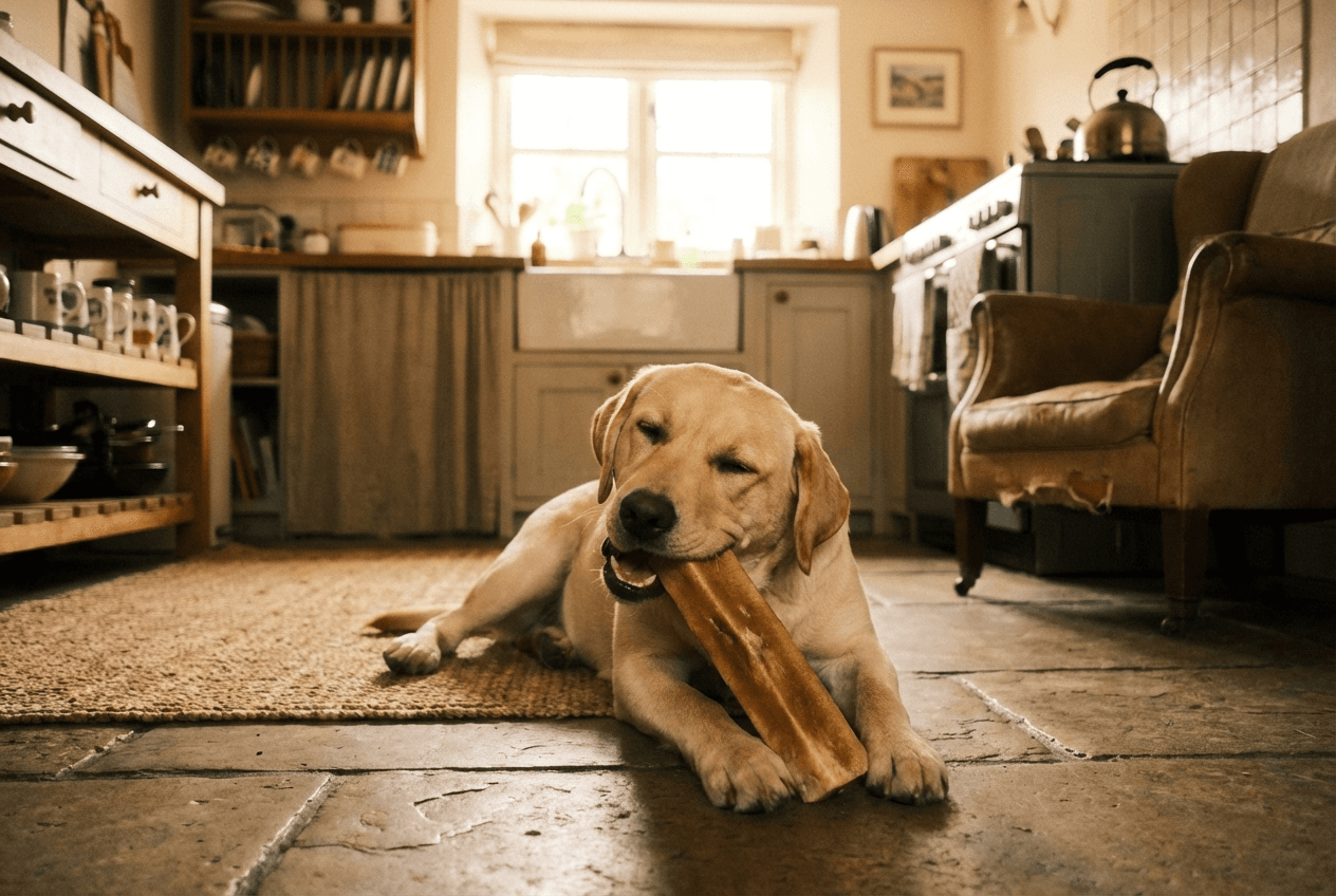 Labrador chewing on a natural yak chew on a kitchen floor