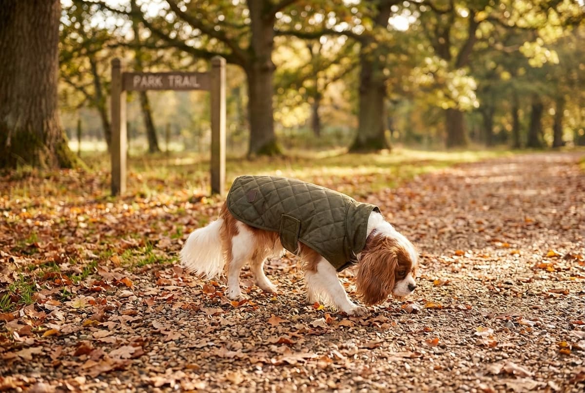 Spaniel wearing a quilted dog coat on an autumn park walk