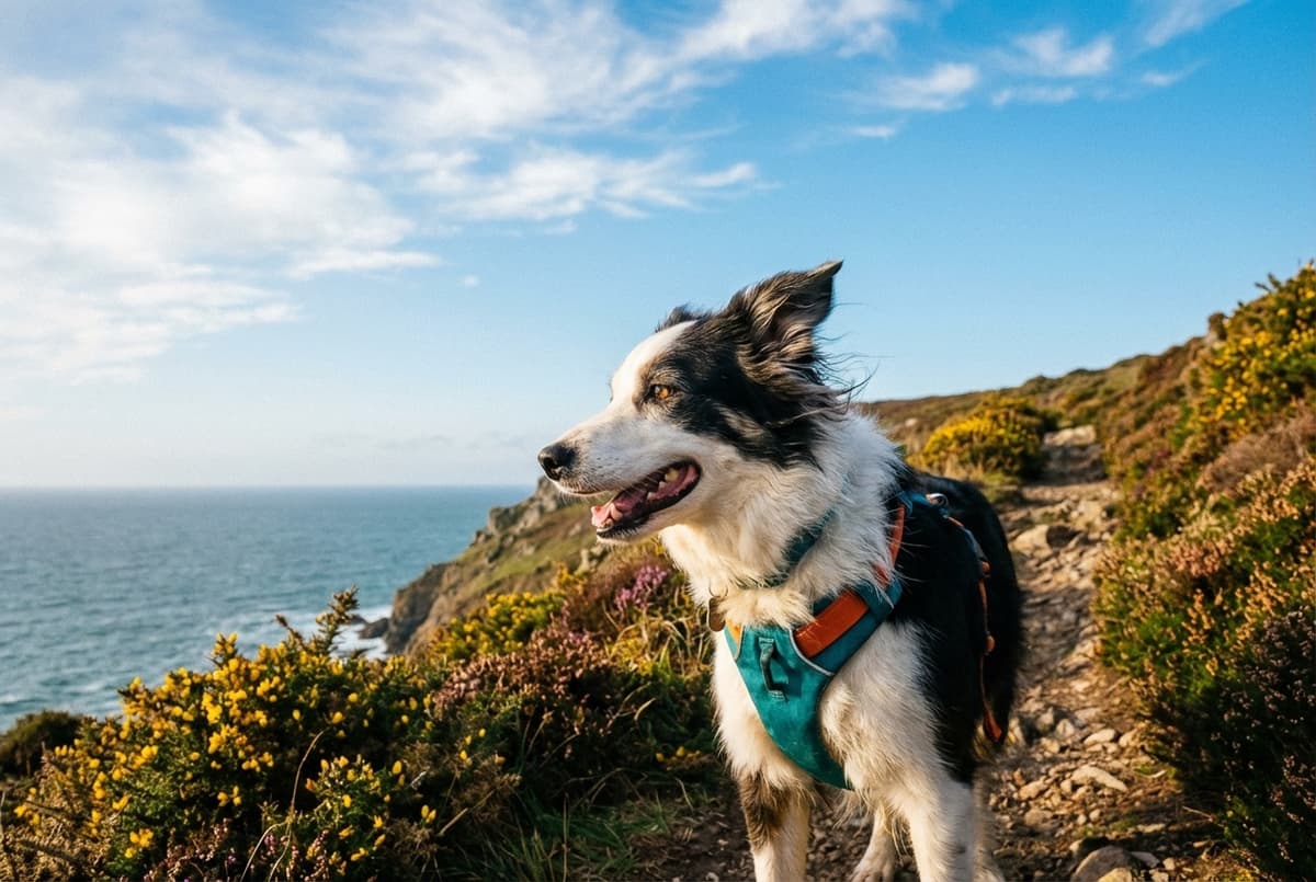Border collie wearing a harness on a coastal cliff path