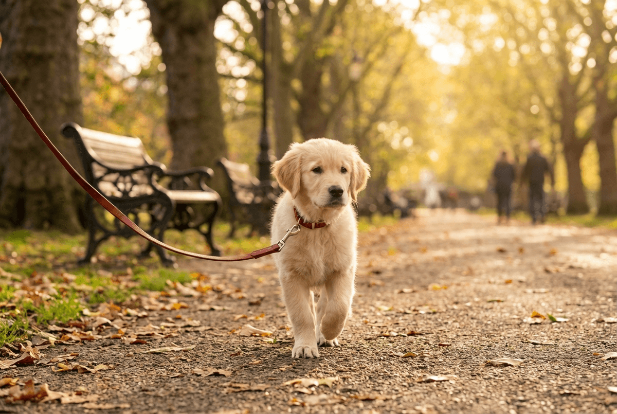 Golden retriever puppy on a lead walking through a sunny British park