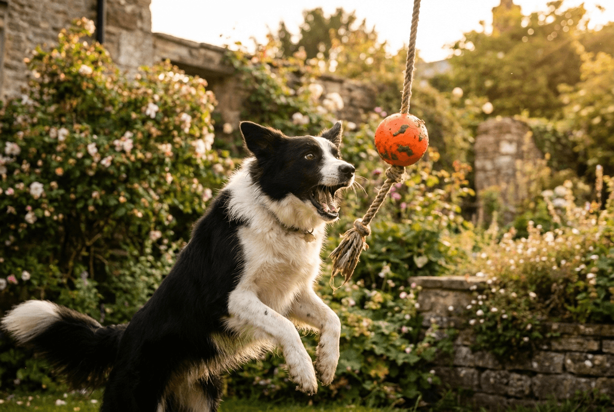 Border collie playing with a ball and rope toy in a green British garden
