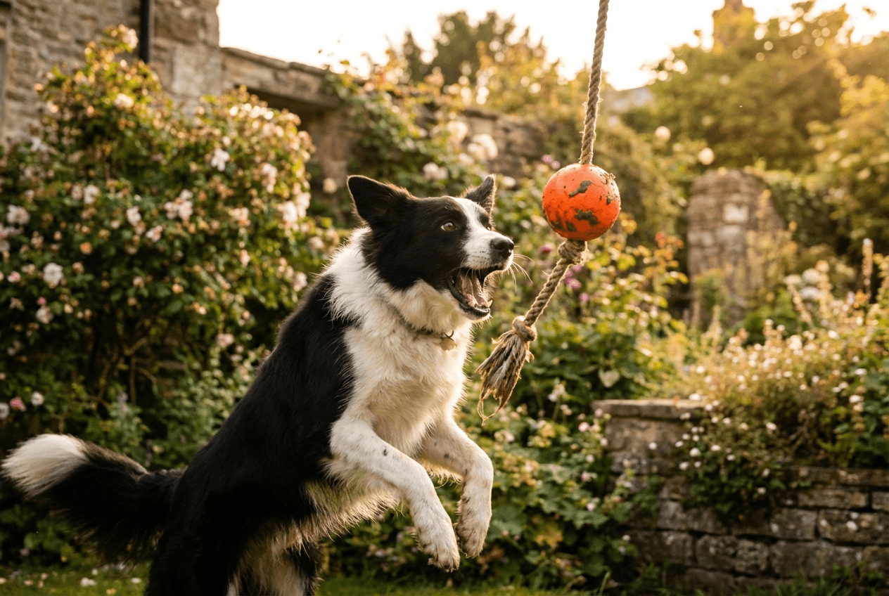 Border collie playing with a ball and rope toy in a British garden