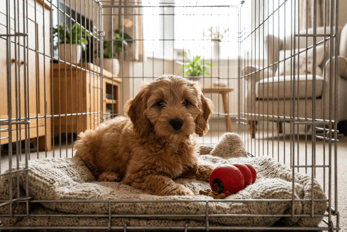 Cockapoo puppy sitting in a cosy crate with a Kong toy and soft blanket