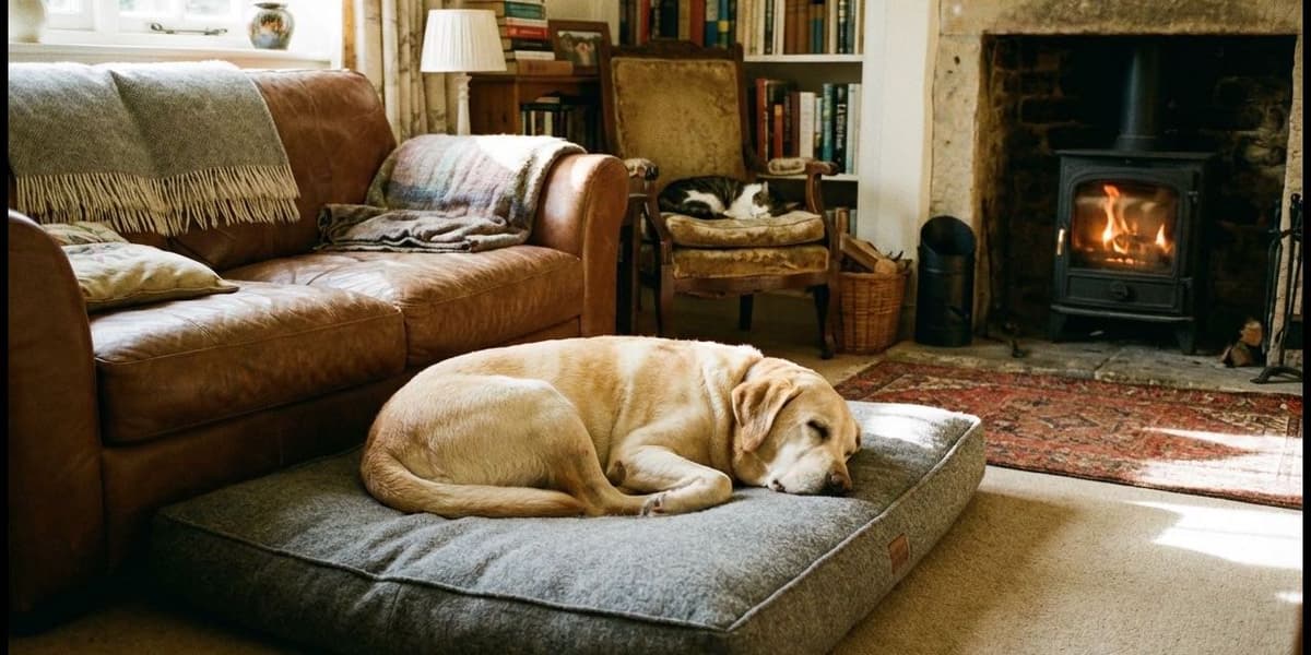 Labrador sleeping on an orthopaedic dog bed in a cosy living room
