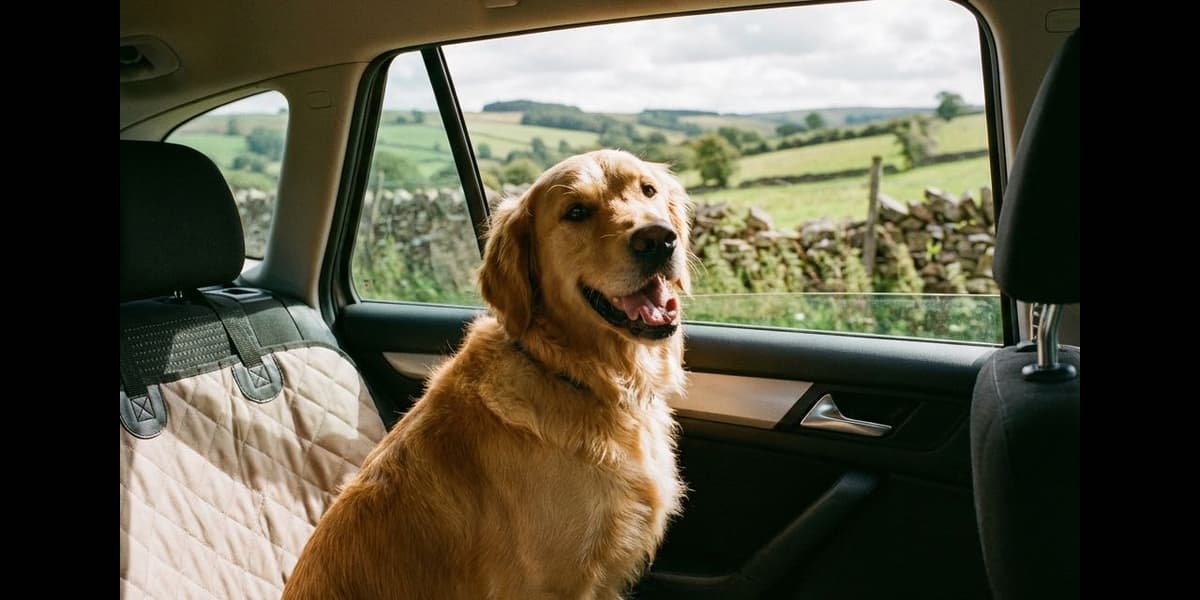 Golden retriever sitting on a waterproof dog seat cover in the back of a car