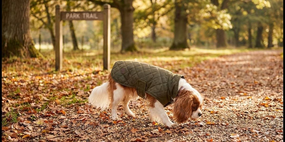 Spaniel wearing a quilted dog coat on an autumn park walk