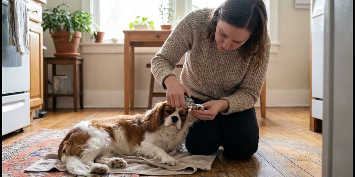 Cavalier King Charles spaniel being gently groomed with nail clippers