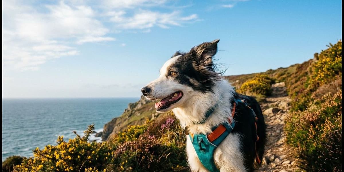 Border collie wearing a harness on a coastal cliff path