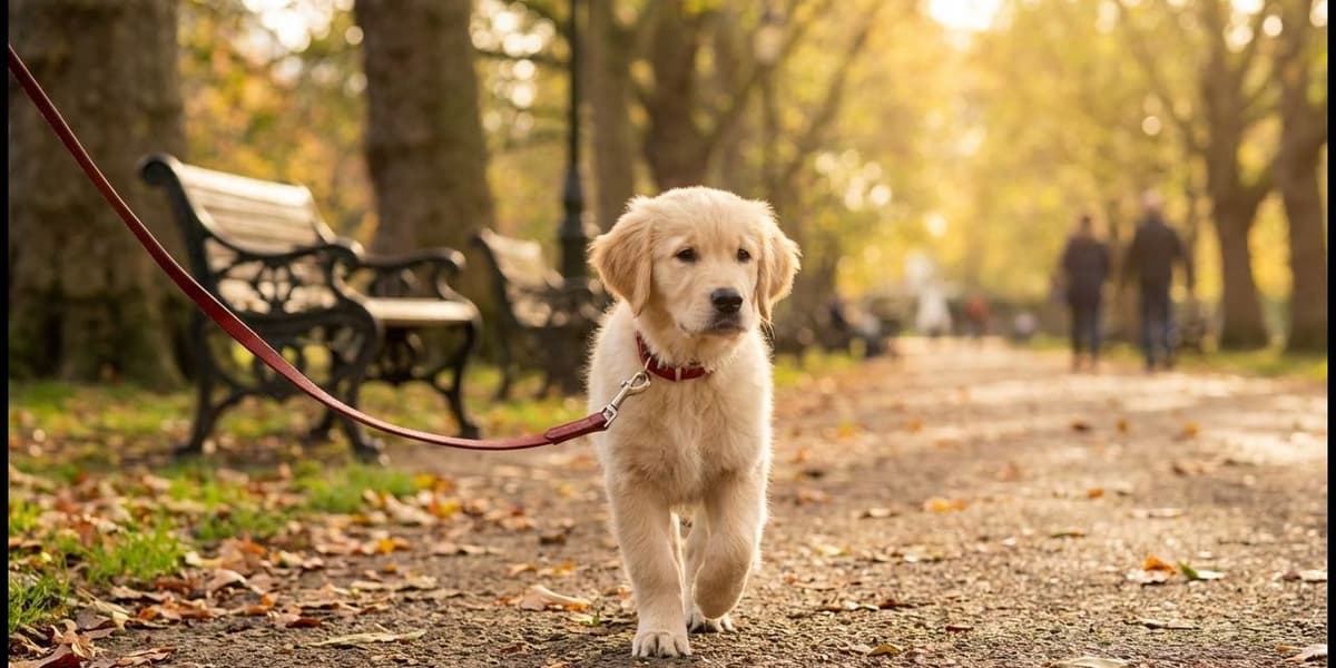 Golden retriever puppy on a lead walking through a sunny British park