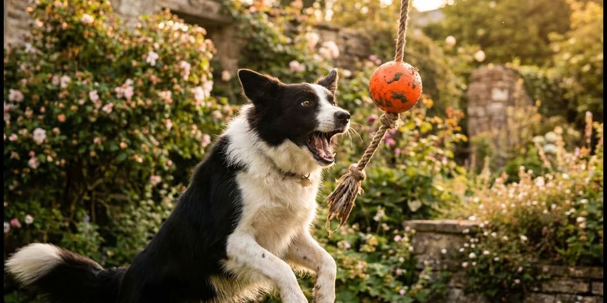 Border collie playing with a ball and rope toy in a green British garden