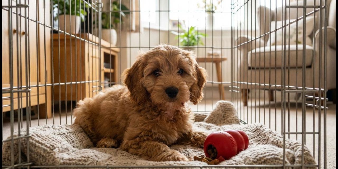 Cockapoo puppy sitting in a cosy crate with a Kong toy